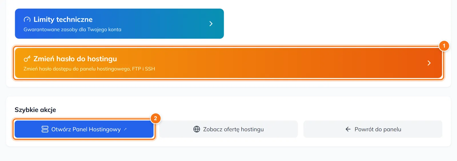 Karta Zmień hasło do hostingu i sekcja Szybkie akcje z przyciskiem Otwórz Panel Hostingowy