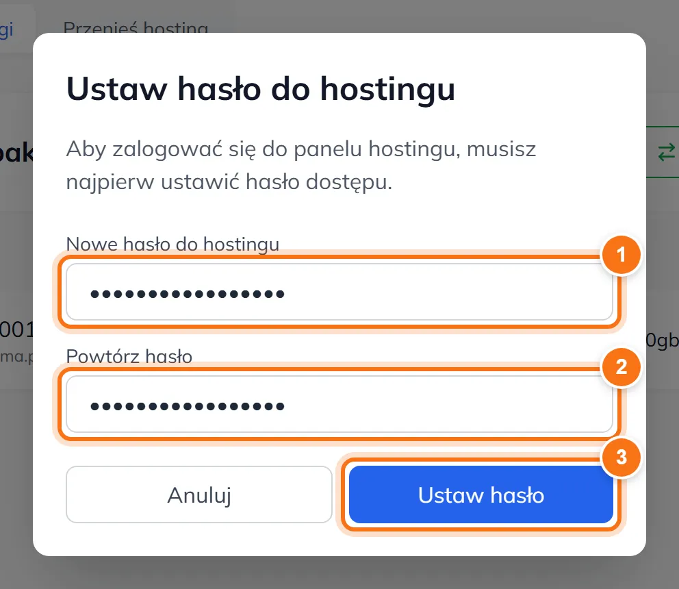 Okno Ustaw hasło do hostingu z polami Nowe hasło do hostingu, Powtórz hasło i przyciskiem Ustaw hasło