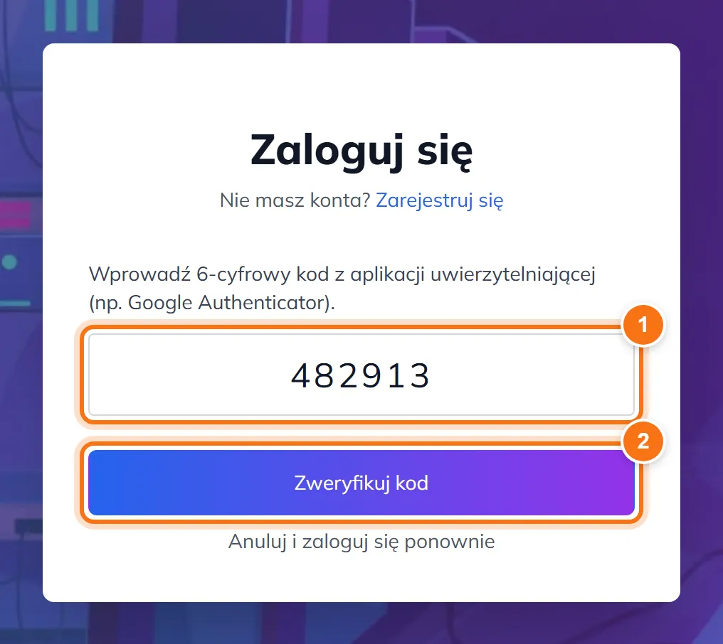 Drugi krok logowania z polem na kod z aplikacji i przyciskiem Zweryfikuj kod