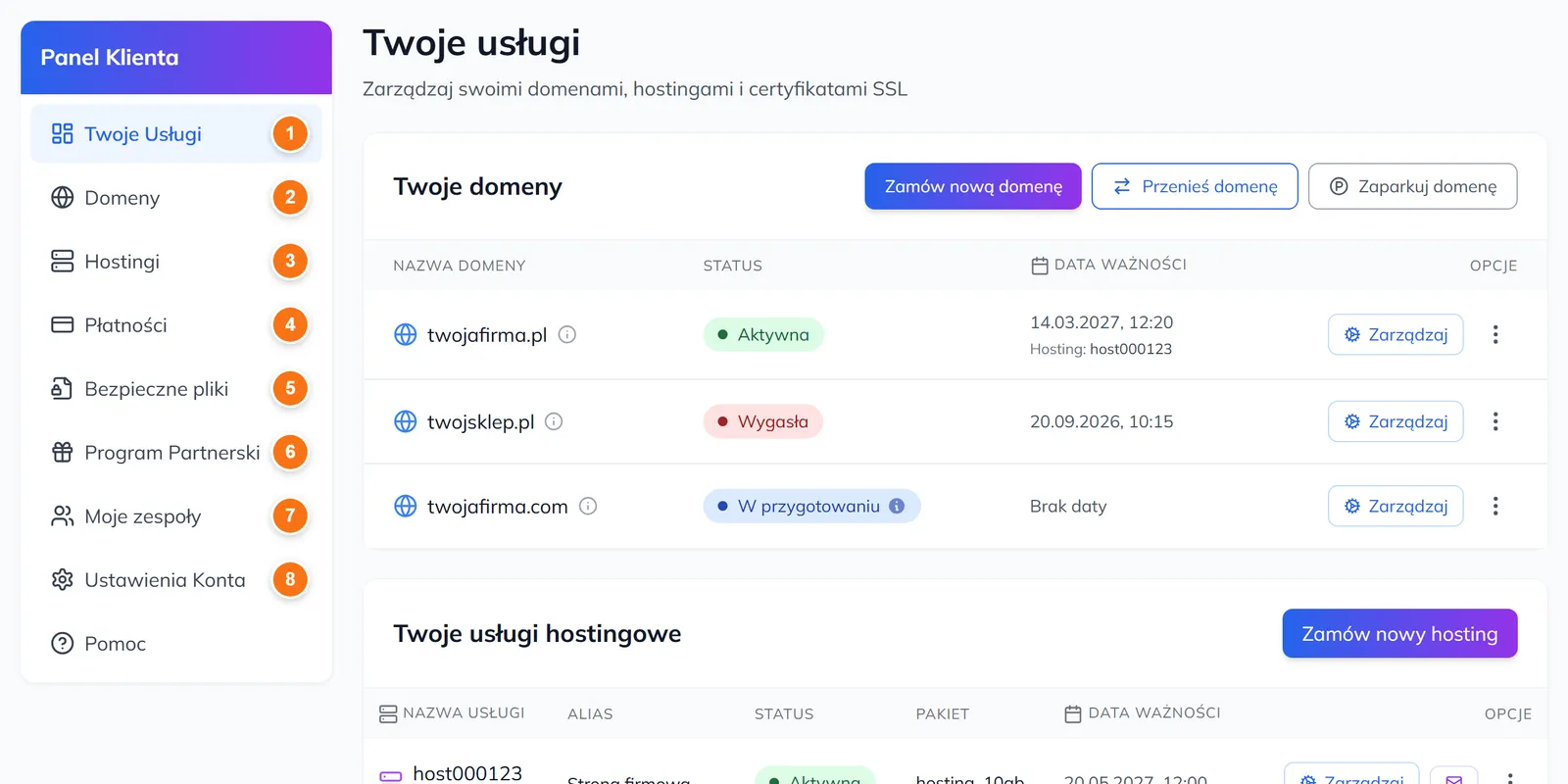 Panel Klienta z menu bocznym: Twoje Usługi, Domeny, Hostingi, Płatności, Bezpieczne pliki, Program Partnerski, Moje zespoły, Ustawienia Konta, Pomoc oraz listą domen