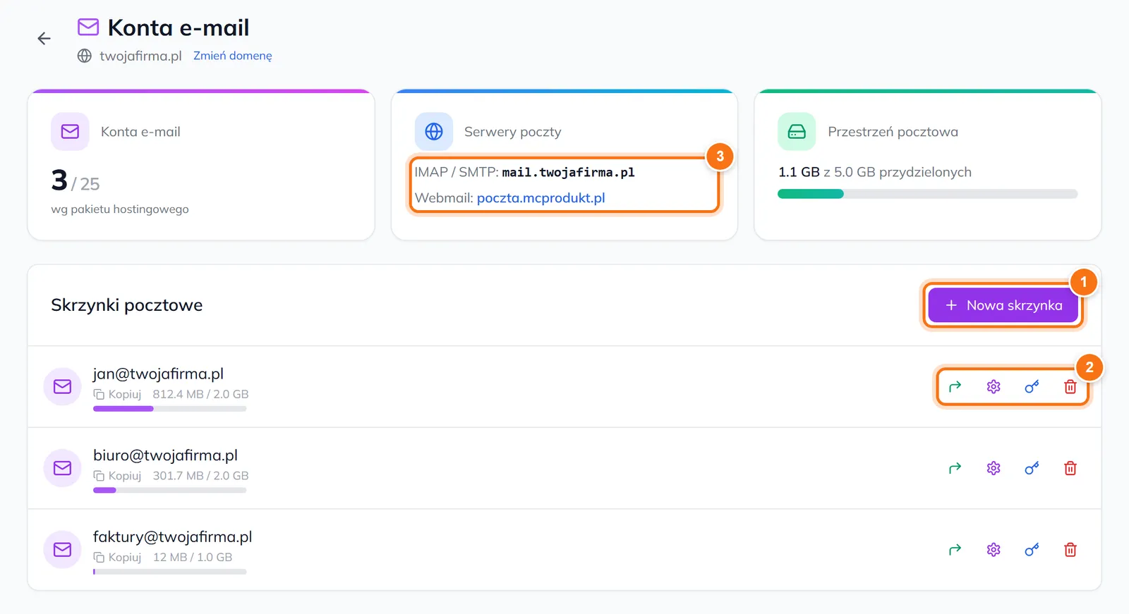 Strona Konta e-mail w Panelu Klienta z kartą Serwery poczty zawierającą serwer IMAP i SMTP oraz adres webmaila poczta.mcprodukt.pl