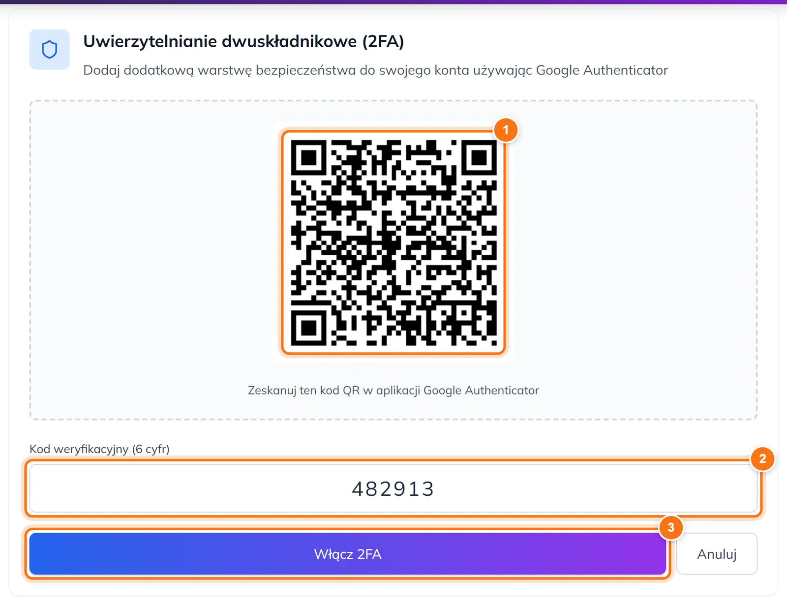 Kod QR do zeskanowania, pole Kod weryfikacyjny z wpisanym kodem i przycisk Włącz 2FA