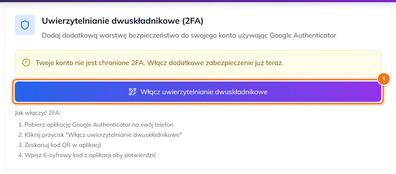 Ramka Uwierzytelnianie dwuskładnikowe z ostrzeżeniem, że konto nie jest chronione, i przyciskiem Włącz uwierzytelnianie dwuskładnikowe