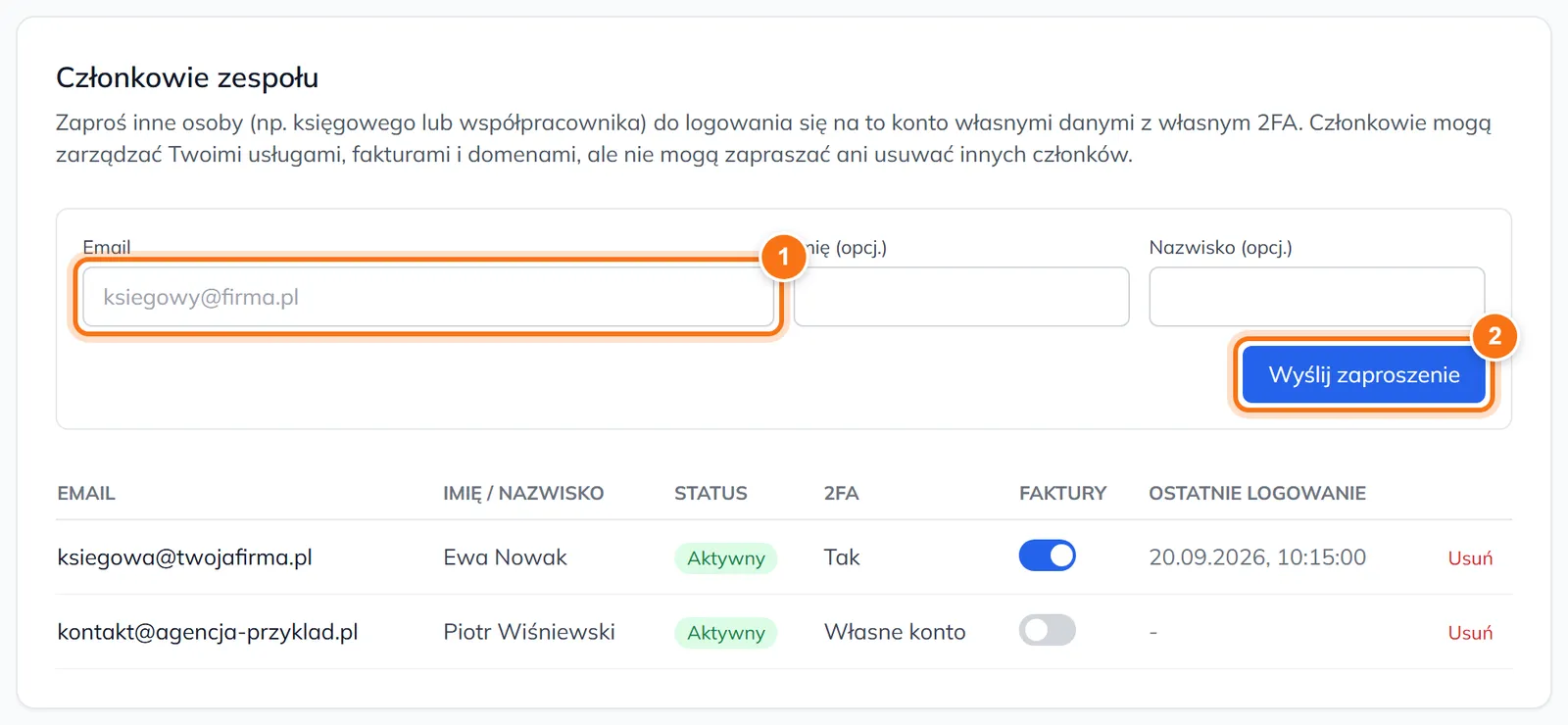Ramka Członkowie zespołu z formularzem zaproszenia i listą osób: status, 2FA, przełącznik Faktury, ostatnie logowanie i Usuń